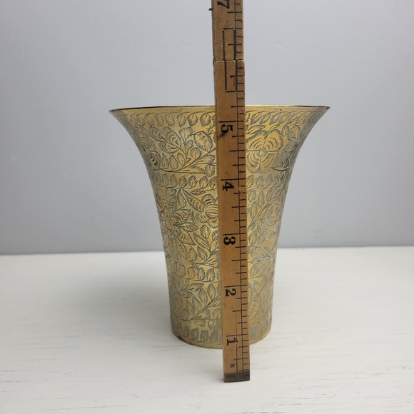 Etched Solid Brass Vintage Vase with Engraved Floral Designs 5.25" - Picture 6 of 15